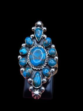 Vintage Zuni Sterling Silver Turquoise Cluster Statement Ring Size 6.5 Signed AA